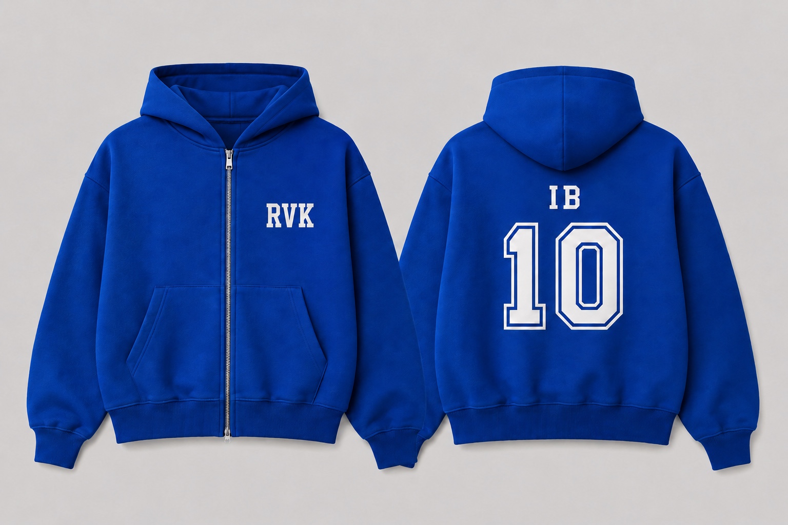 Royal blue zip hoodie with RVK on the chest and IB 10 on the back